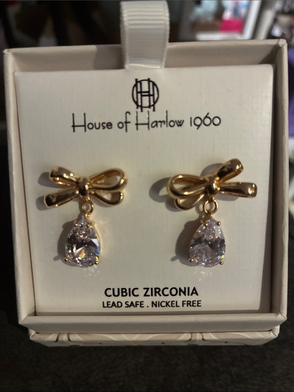 House of Harlow 1960 Gold Bow Earrings with Clear Teardrop Stones